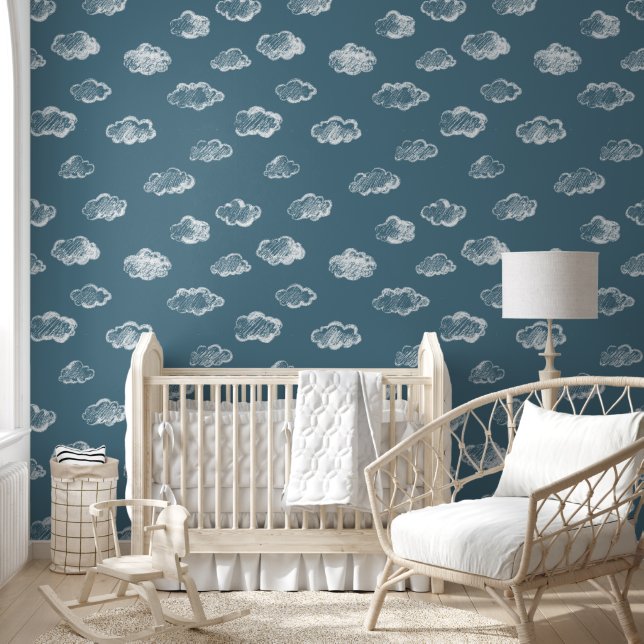 Papier Peint Nuages de craie blanche sur fond bleu ardoise (Enfants)