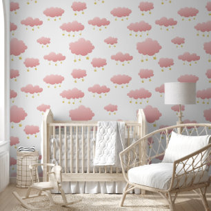 Papier Peint Nuages roses minimaux Golden Stars Girl's Nursery