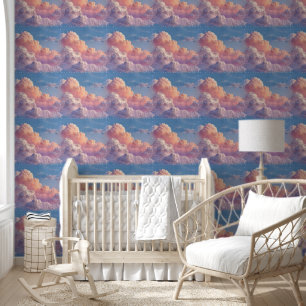 Papier Peint Nuageux Rêveurs Rose Bleu Ciel Nursery