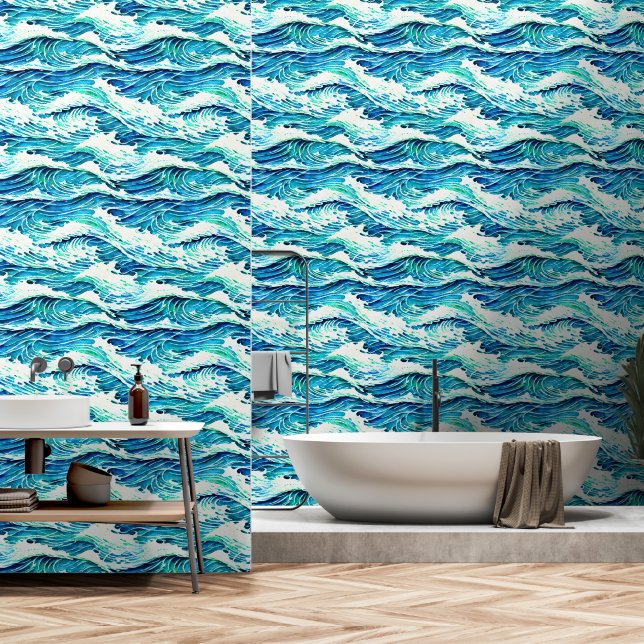 Papier Peint Océan vagues bleu blanc eaux côtières île (Salle de bain)