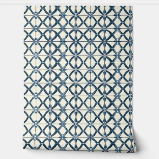 Papier Peint Océanique Interlace Petite - Marine, Beige - Côtie