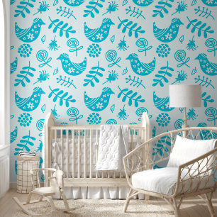 Papier Peint Oiseaux d'art populaire Blanc Turquoise