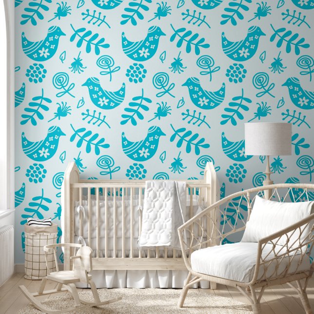 Papier Peint Oiseaux d'art populaire Blanc Turquoise (Enfants)
