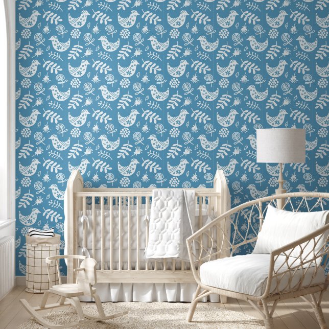 Papier Peint Oiseaux d'art populaire bleu blanc (Enfants)