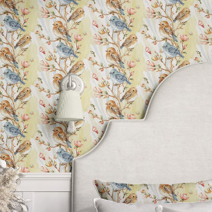 Papier Peint Oiseaux et Branches sur Fond Jaune