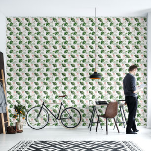 Papier Peint Oiseaux et feuilles tropicaux Rose et vert