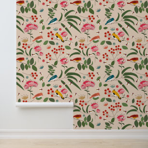 Papier Peint Oiseaux floraux dessinés à la main Abeilles Motif