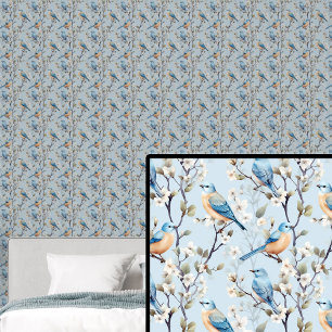 Papier Peint Oiseaux orange et bleus avec fleurs sur bleu pâle