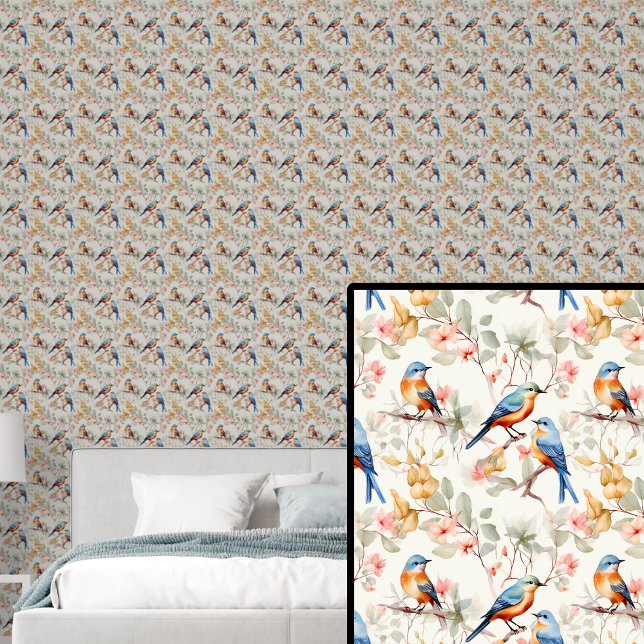 Papier Peint Oiseaux rouges orange bleu sur les tons d'automne (Créateur téléchargé)