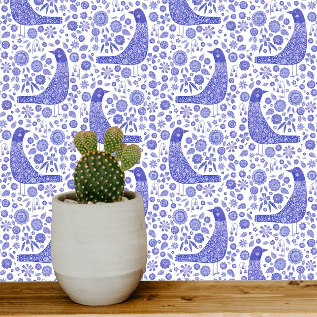 Papier Peint Oiseaux scandinaves Bleus et Blancs (Nordic Birds blue and white art wallpaper)
