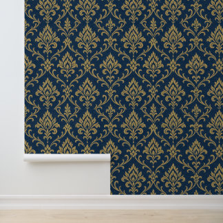 Papier Peint Or Baroque Floral bleu foncé