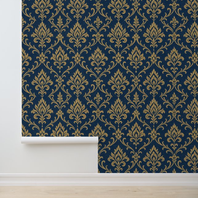 Papier Peint Or Baroque Floral bleu foncé (Application)