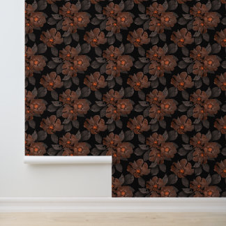 Papier Peint Orange and brown flowers on a black background.
