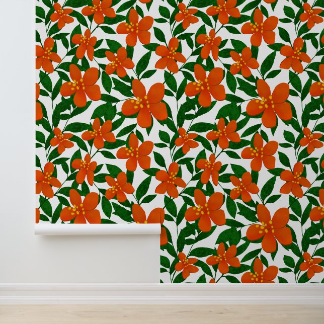 Papier Peint Orange Rouge Floral Vert Botanique Motif (Application)
