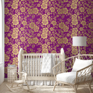 Papier Peint Orne et bâton fleuri couleur violet or