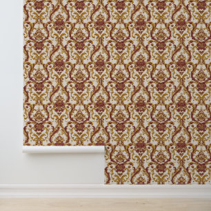 Papier Peint Ornement baroque en ivoire avec or et bordeaux