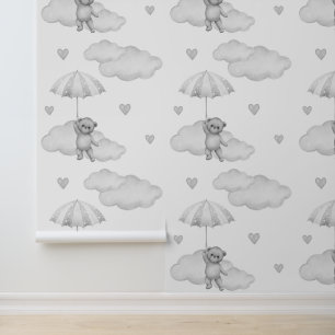 Papier Peint Ours Gris Parapluie Nuages Coeurs Bébé Neutre