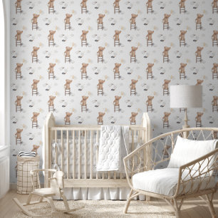 Papier Peint Ourson Mignon Atteignant les Étoiles Lune Blanche
