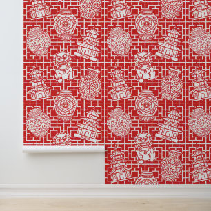 Papier Peint Pagode de Chinoiserie – Jardin Asien Prépa Rouge