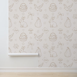 Papier Peint Paniers Brun Crème Esquisse Oiseaux Lapins