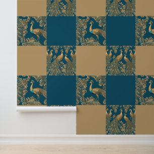 Papier Peint Paons Élégants Motif Bleu Faux Or Élégant