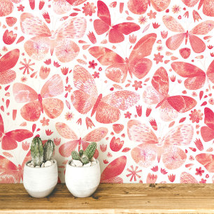 Papier Peint Papillon aquarelle corail rose Art