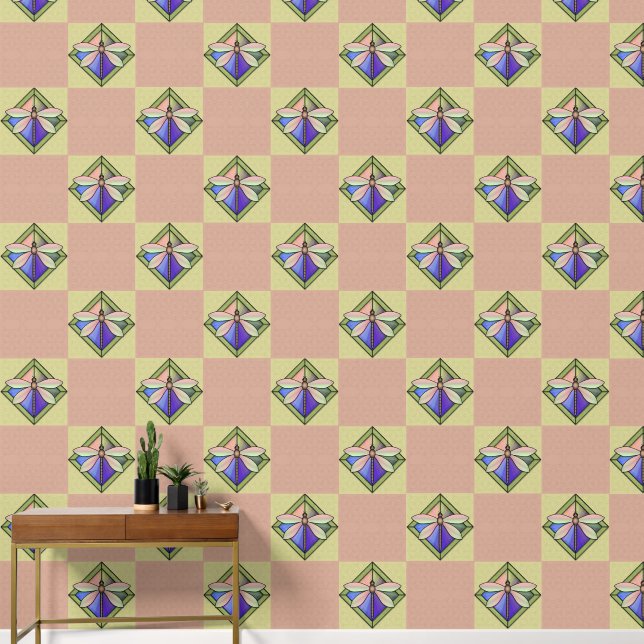 Papier Peint Papillon Art Nouveau en verre tendu sur rose jaune (Couloir)