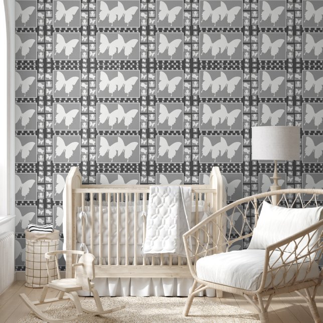 Papier Peint Papillon blanc sur gris (Enfants)