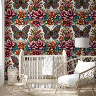 Papier Peint Papillon mystique et Roses florissants