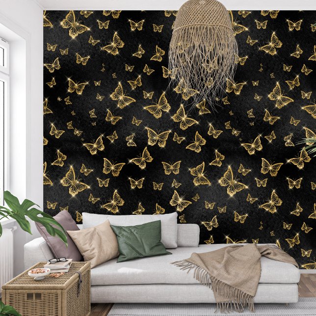 Papier Peint Papillon royal noir et doré (Royal black and golden Sparkle Butterfly Wallpaper)