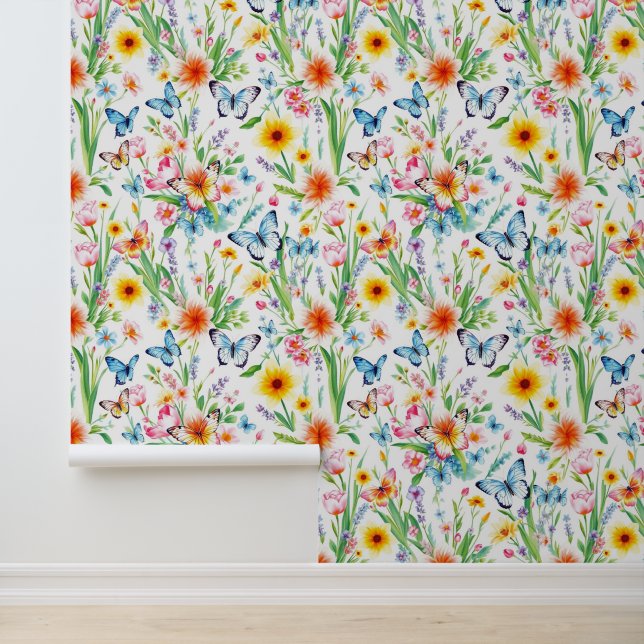 Papier Peint Papillons bleus et jaunes dans la prairie (Application)