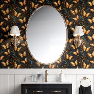 Papier Peint Papillons et vignes d'or sur le noir