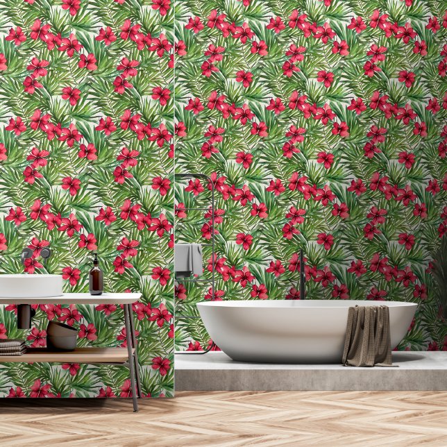 Papier Peint Paradis tropical plage côtière de fleurs d'hibiscu (Salle de bain)