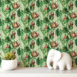 Papier Peint Paresseux et feuilles tropicales