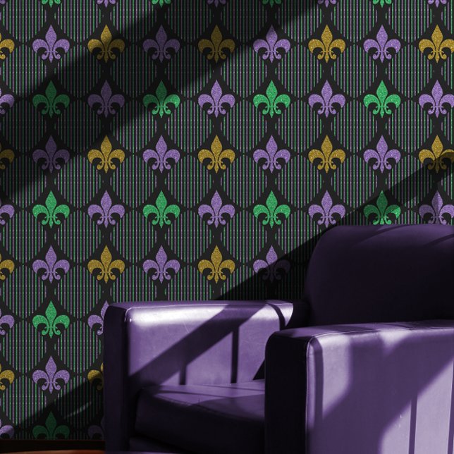 Papier Peint Parties scintillant Fleur de Lis Faux | Black Mard (Fleur de Lis Faux Glitter Black Mardi Gras Pattern Wallpaper)