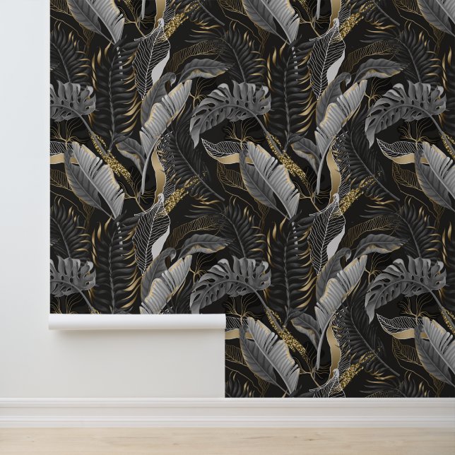 Papier Peint Pastel Grey & Gold Palm Tropical Feuille Noir (Application)