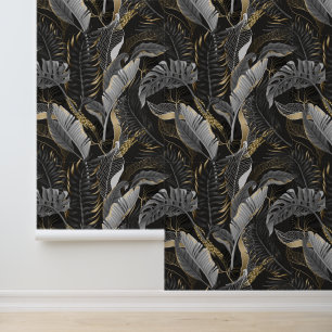 Papier Peint Pastel Gris & Or Feuilles de Palmier Tropical Noir