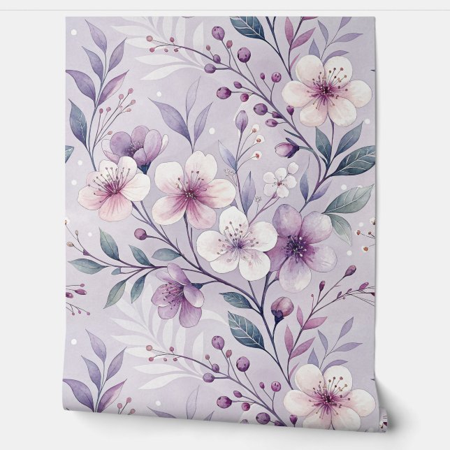 Papier Peint Pastel Purple Couleur Motif Floral (Déroulement)