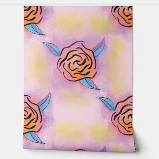 Papier Peint Pastel Rose Floral Block Prints - Bright Orange an