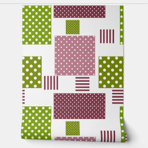 Papier Peint Patchwork brun vert pois dos blanc