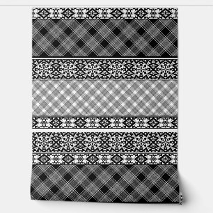 Papier Peint Patchwork rayé noir et blanc avec dentelle