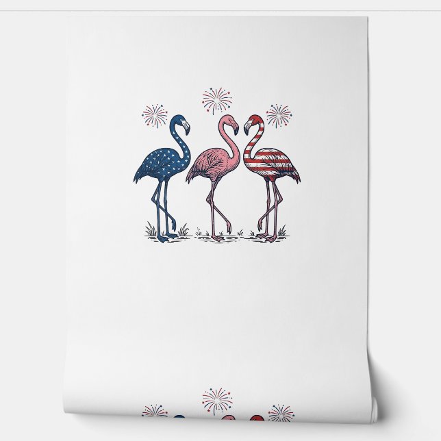 Papier Peint Patriotic Flamingo Trio Vintage Engraving Design_1 (Déroulement)