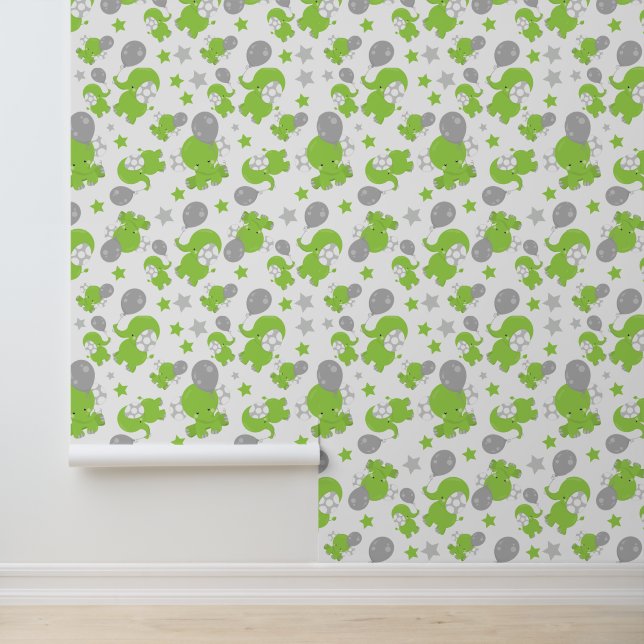Papier Peint Pattern of Green Elephants, Cute Elephants, stars (Application)