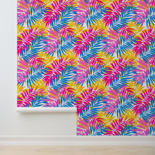 Papier Peint Paume tropicale d'été rose et bleu clair Feuille