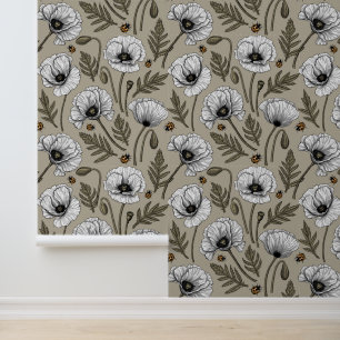 Papier Peint Pavot blanc et coccinelle