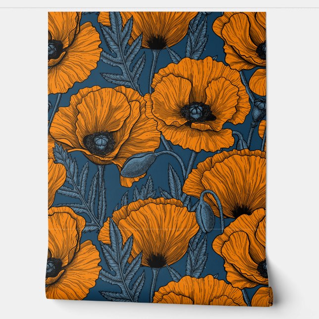 Papier Peint Pavot orange sur bleu foncé (Déroulement)