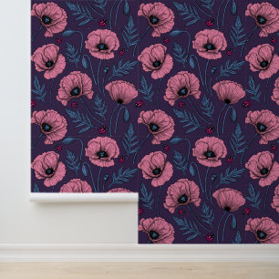 Papier Peint Pavot rose sur violet foncé