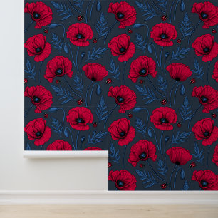 Papier Peint Pavot rouge et coccinelle bleu foncé