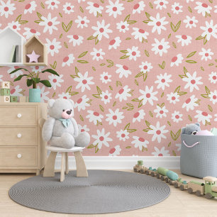 Papier Peint Peach Plush Rose Vert Fleurs blanches Motif d'art