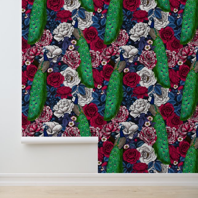 Papier Peint Peacocks dans le jardin rose (Application)